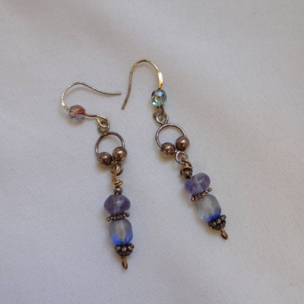 Elegant Sterling Silver, Amythest and Blue Beaded Dangle Earrings Birthday Party